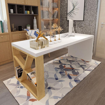 Modern White and Natural Rectangular Writing Desk with Shelves